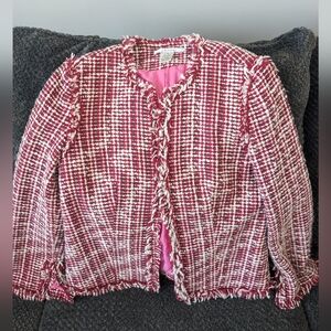 ZBD design Blazer Womens 4 Suit Jacket Silk Blend Red White Tweed Boucle Boho